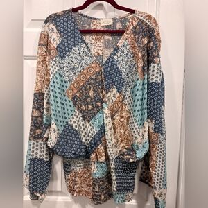 1 4 3 Story Blue and Brown Patchwork Blouse XL